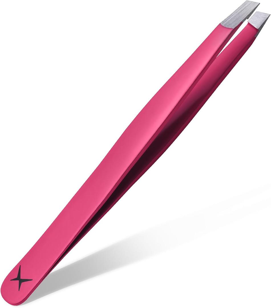 Slanted Stainless Steel Tweezers for Men & Women - Precision Eyebrow Tweezers for Facial Hairs, Strong Grip, Fine Tip, Professional Tweezer for Plucking & Grooming (Neon Pink)