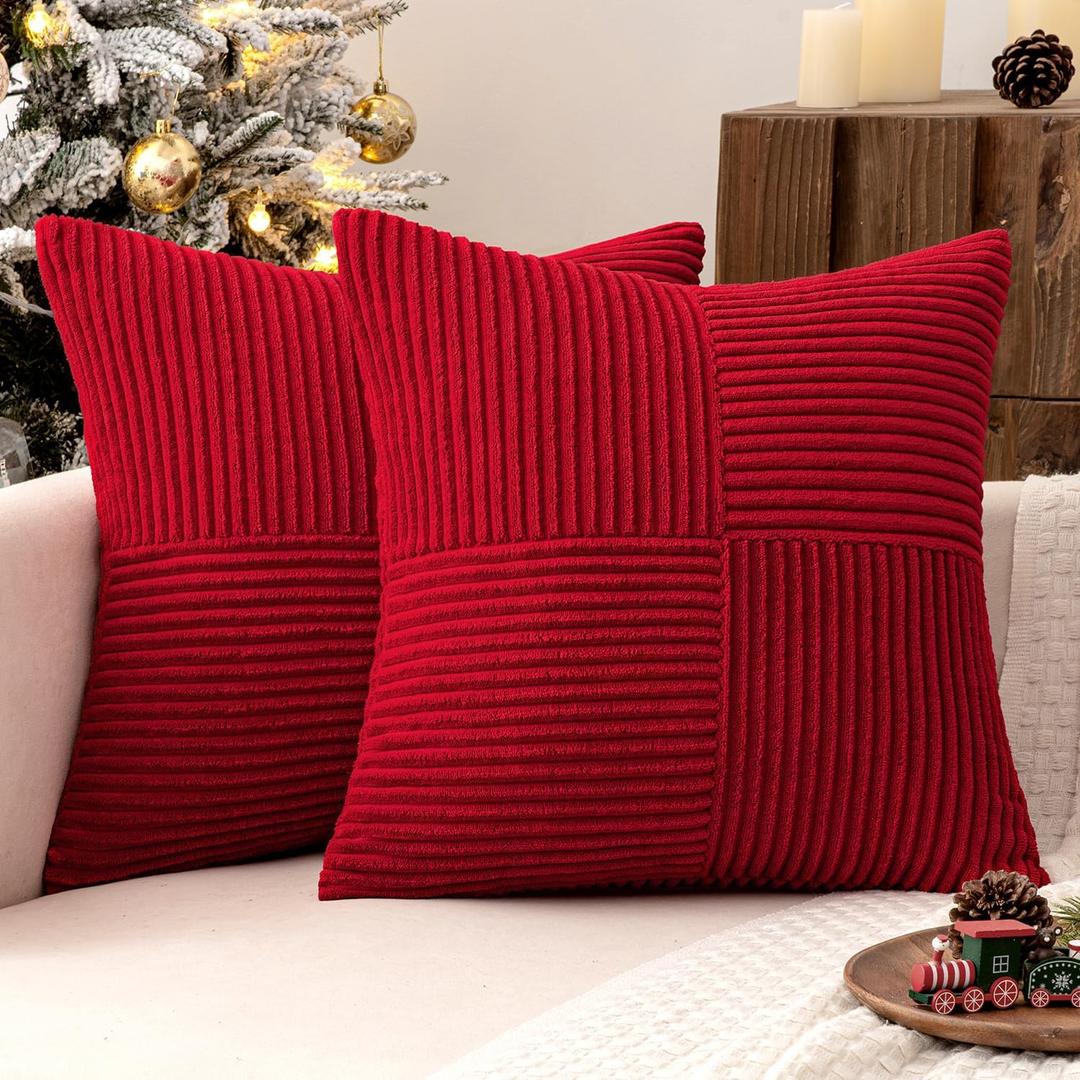 MIULEE Christmas Red Decorative Throw Pillow Covers 18x18 Inch for Couch Bed Sofa Pack of 2 Boho Farmhouse Throw Pillows Soft Cross Corduroy Patchwork Textured Cushion Cases