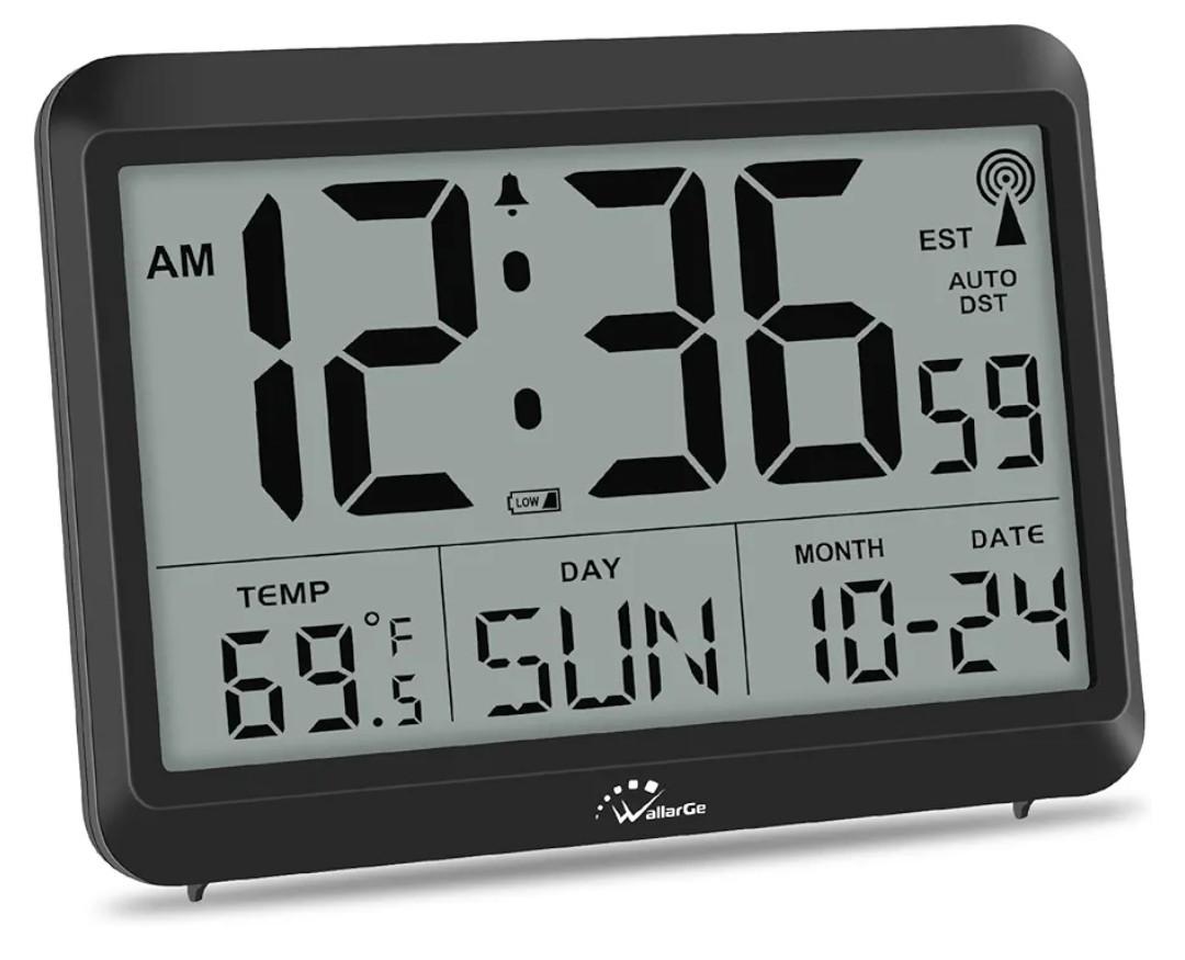 WallarGe Atomic Digital Wall Clock Battery Operated, Self-Setting, Large Display with Temperature, Date, Day of The Week, Silent Wall Mount Digital Clock, 4 Time Zones, DST