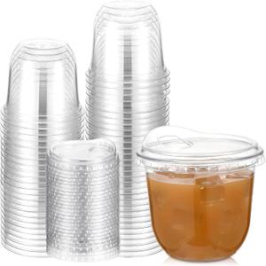 Baderke 50 Pcs Clear Plastic Cups with Strawless Sip Lids Disposable Round Bottom Togo Cups for Coffee Smoothie Cold Beverage Coffee Shops and Party Catering (10 oz)