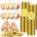 Realspring Hanukkah Gift Set of 200 pcs Hanukkah Coins and 10 pcs Wooden Hanukkah Dreidels Hanukkah Gelt Coins Treasure Hunt Coins Treasure Hunt Game Toy Hanukkah Party Supplies (Gold)