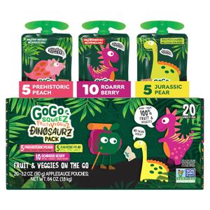 GoGo squeeZ No Sugar Added Fruit & veggieZ Applesauce and Puree Variety Pack, Jurassic Pear, Roarrrr Berry & Prehistoric Peach, 3.2 oz Pouches (Pack of 20), Fruit Snacks for Kids, Gluten Free, Nut Free, Recloseable Cap, BPA Free (EXP 01/02/27)