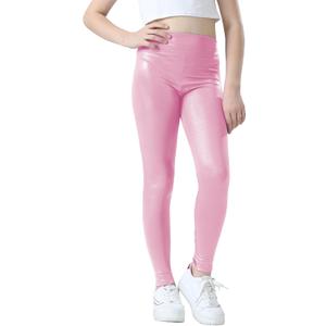 Girls Metallic Active Leggings Size 4-14 Years Shiny Sparkly Mystique Stretch Ankle Length for Kids Youth Teen (Pink)