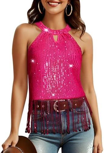 Aupuls Fringe Country Concert Outfits for Women Halter Sequin Tops Sparkly Western Top Size S