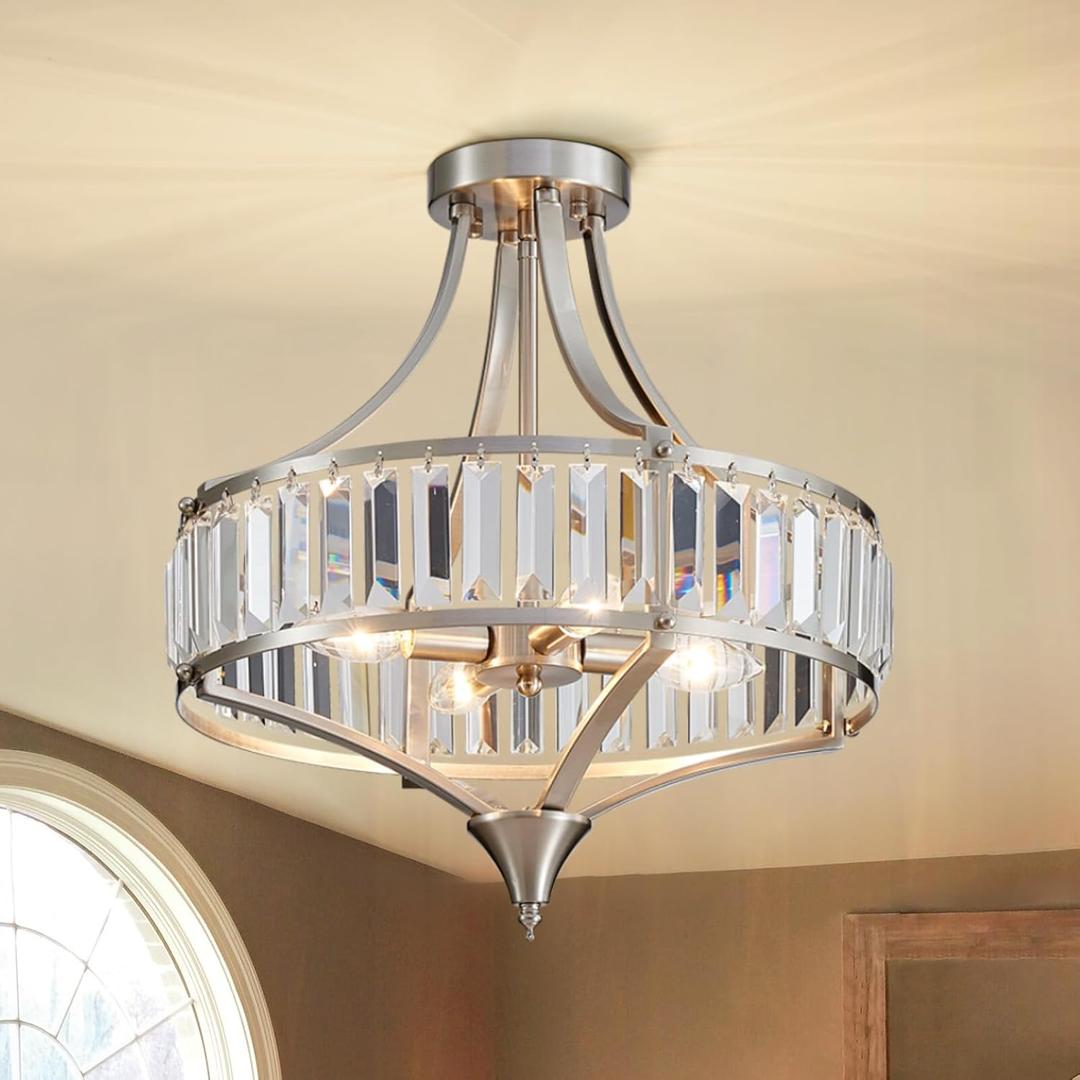 Modern Nickel Chandelier 4-Light Crystal Ceiling Light Fixtures 16 inches Flush Mount Lamp Suit for Living Room Kitchen Island Dining Room Foyer