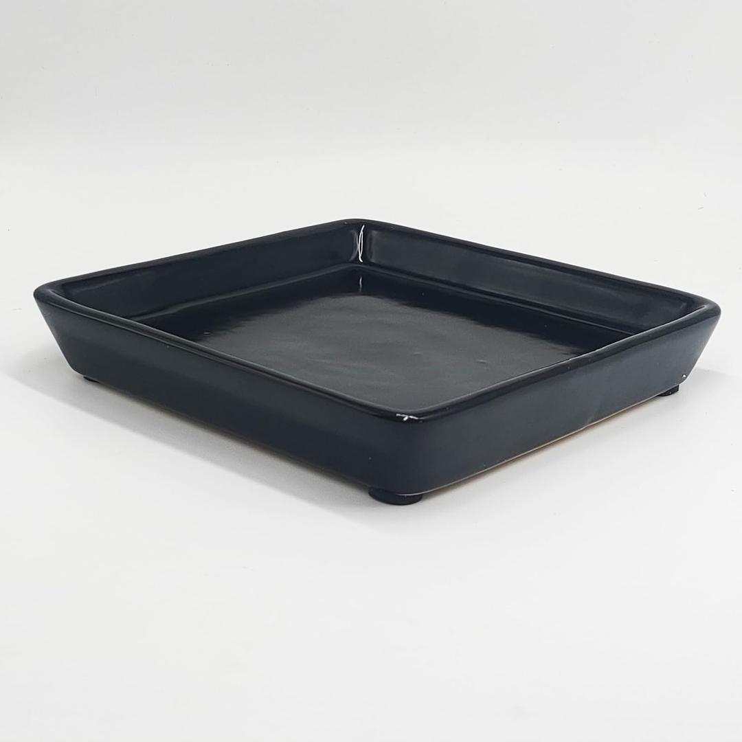 Square Ceramic Plant Saucer Tray 10 11 12 Inch Black,12.4" OD x10.8 ID x1.4 Deep, Sturdy Heavy Duty Glazed Planter Drip Flower pots with Catch Basin for Indoor Outdoor Plants(12" Black)