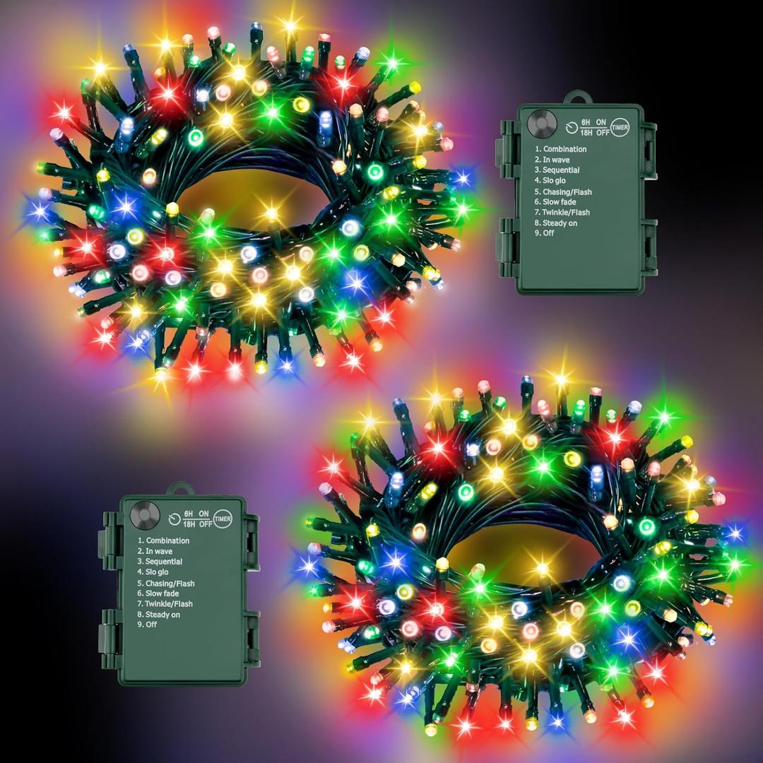 Christmas Lights Outdoor Battery Operated String Lights Total 100LED 33Ft with Timer 8 Modes 16.4Ft*2 Waterproof Outdoor Indoor for Christmas Decor, Multicolor, 2-Pack