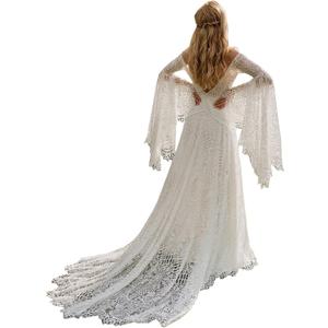 Women's Wedding Dresses Boho for Bride with Long Sleeves Plus Size Lace Beach Bridal Gowns Bohemian Wedding Gowns (4, Ivory)