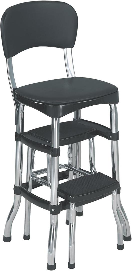 COSCO Retro Plastic & Vinyl Upholstered Stylair Retro Counter Height Chair with Step Stool, Comfortable Cushioned Seat and Back, in Black & Chrome Finish