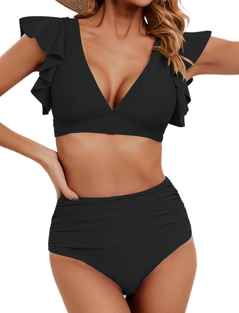 Women's Ruffle High Waisted Swimsuit Two Piece Tropical Print Swimsuit Push Up Bathing Suit (Medium, Black)