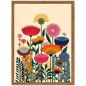 Framed Boho Floral Wall Art, Abstract Colorful Flower Pictures Wall Decor Paintings, Mid Century Modern Botanical Canvas Prints Artwork Home Decor Aesthetic for Living Room Bedroom 16x24 inch