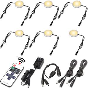 LED Closet Lighting, Round Under Cabinet Puck Lights, Daisy Chained, 110 Volt Plug-in, RF Dimmable Remote Control, Y Splitter, Extension Cables, Black Wires, Warm White 2700K, 6 Lights