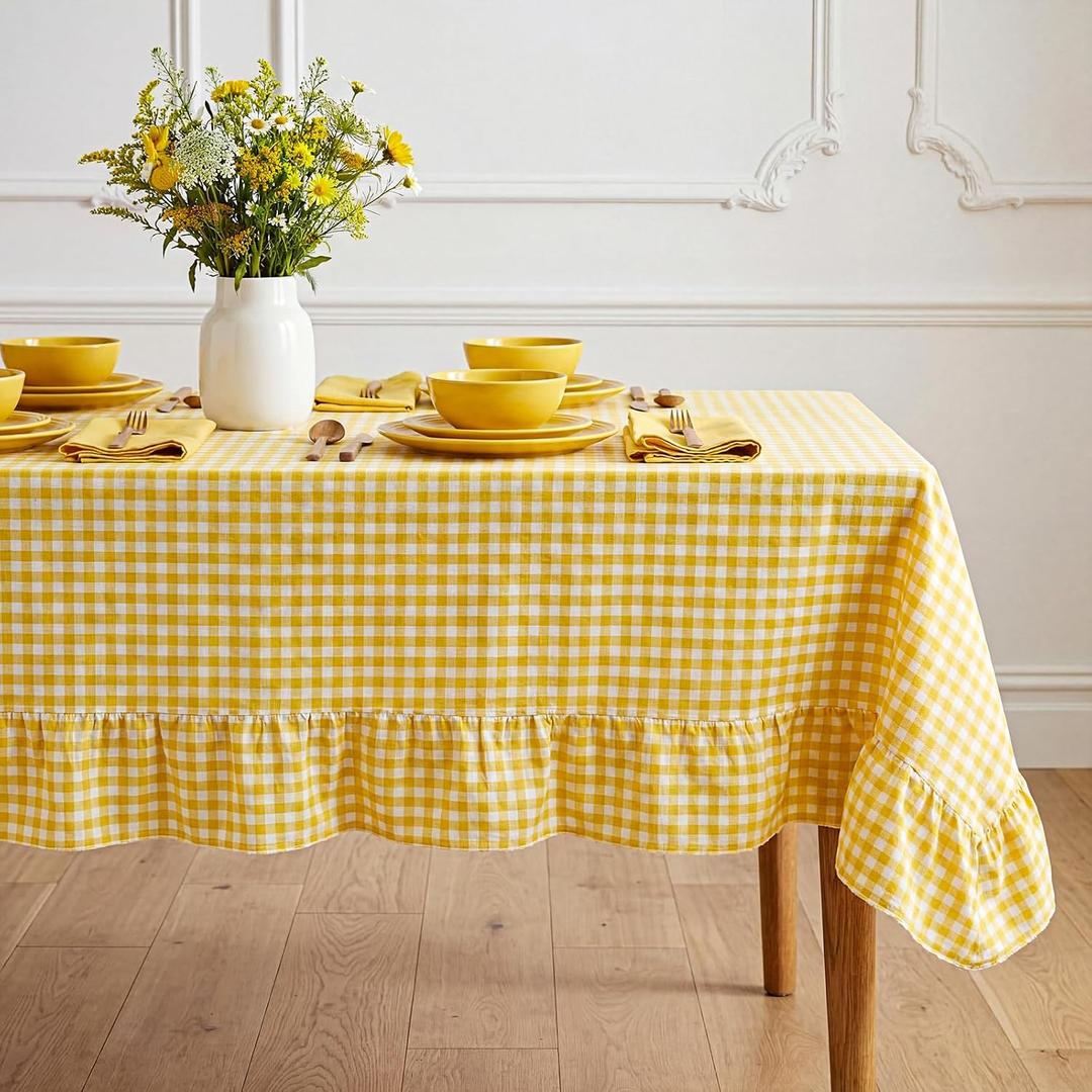 Moukeren 1 Piece Yellow Checkered Tablecloth with Ruffle Hem 60 x 90 Inches, Rectangle Farmhouse Table Cover for Kitchen, Wedding, Party, Indoor Outdoor Picnic and Daily Decor, Cotton Fabric, 9.5" x 9.5"