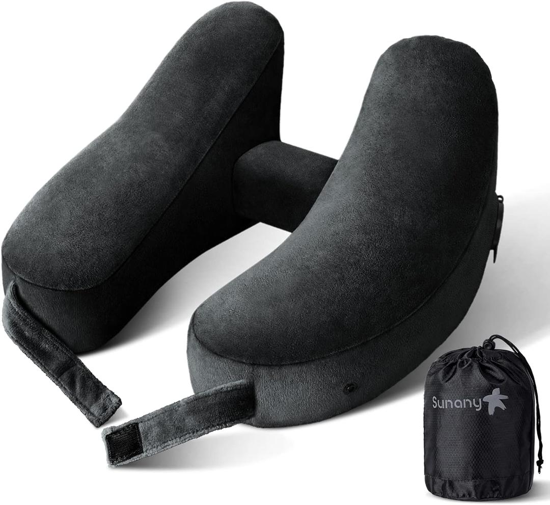 Sunany Travel Neck Pillow for Airplane Pillow Comfortably Supports Head, Neck and Chin, Inflatable Travel Pillow with Soft Velour Cover and Portable Drawstring Bag (Black, H-Shape)