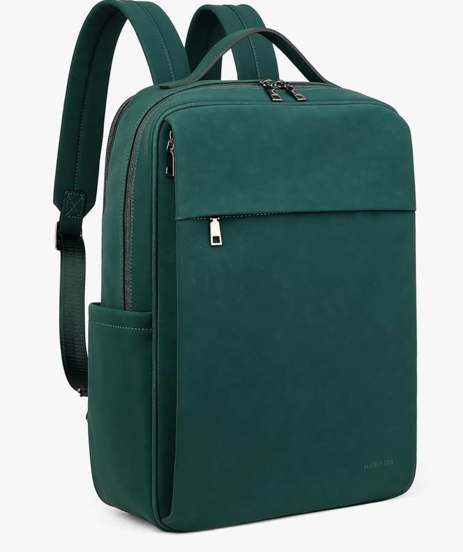 MASINTOR 15.6 inch PU Leather Laptop Backpack Purse for Women, Large College Casual Backpack Travel Bag Retro Green