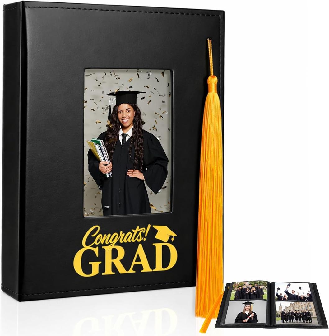 Gersoniel 2026 Graduation Photo Albums with 200 Pockets Leather Cover 4x6 Picture Featuring Cutouts for Tassel Graduation Photo Memory Scrapbook Book Holds Gift for Senior High School College Graduate