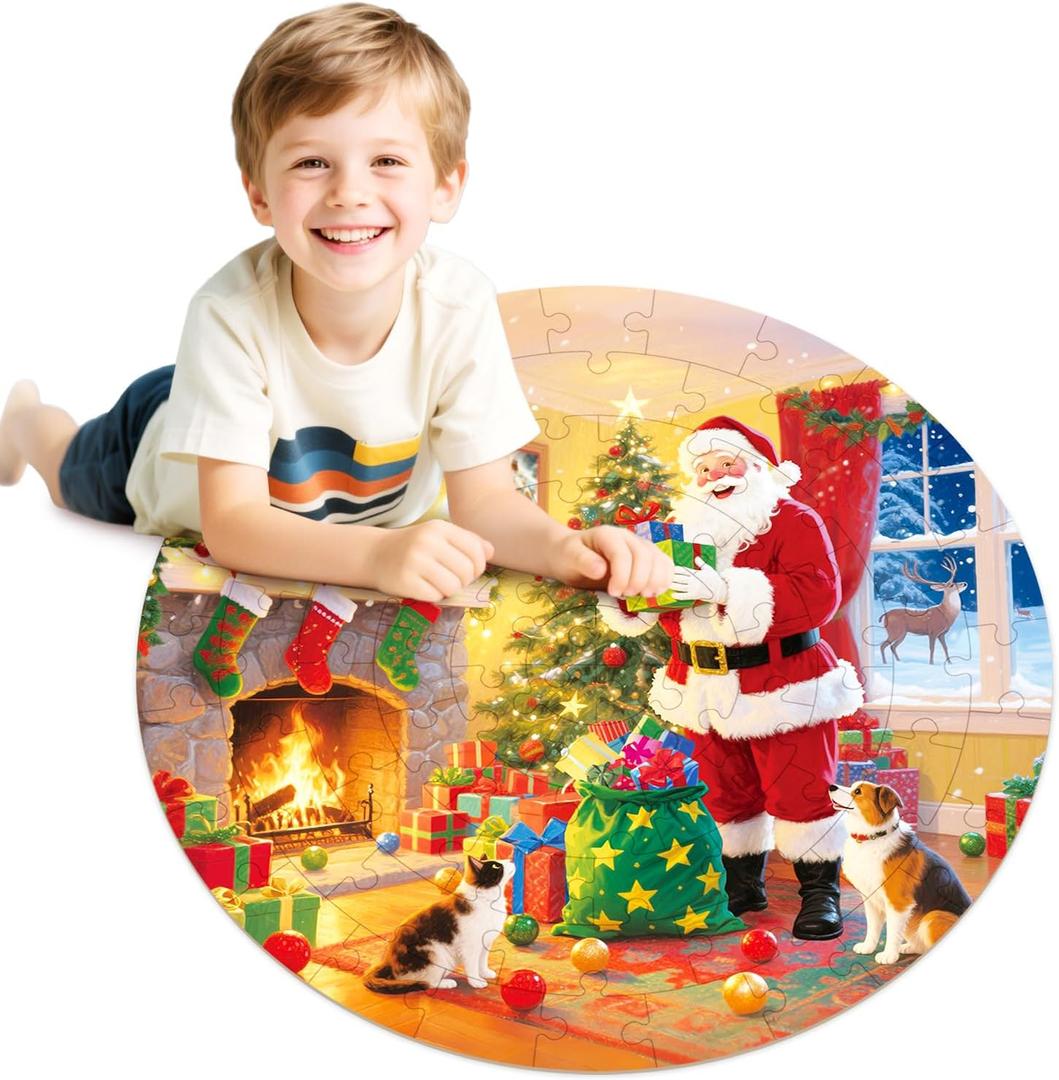 Christmas Puzzles for Kids Ages 3-5, 70 Piece 17.7x17.7 Inches Round Wooden Jigsaw Puzzle for 3 4 5 6 Year Old, Santa Claus Floor Puzzles for Kids Ages 4-8