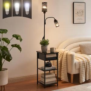 BAMGROW Floor Lamp with End Table, Side Table with Lamp Attached, Bedside Nightstand Light for Small Spaces with Wicker Drawer and Storage Shelf for Living Room, Bedroom, Guest Room, 2 Bulbs Included, 13.4"D x 11.8"W x 66"H