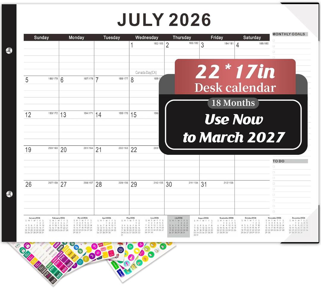 Gannyfer Desk Calendar 2026-2027, Large 2026 Desk Calendar 22" x 17", Use Now to Mar 2027, 18 Monthly Academic Desktop Calendar 2026 with To-Do List, 2026 Calendar for Office, School, Home(6 Stickers) (Black)