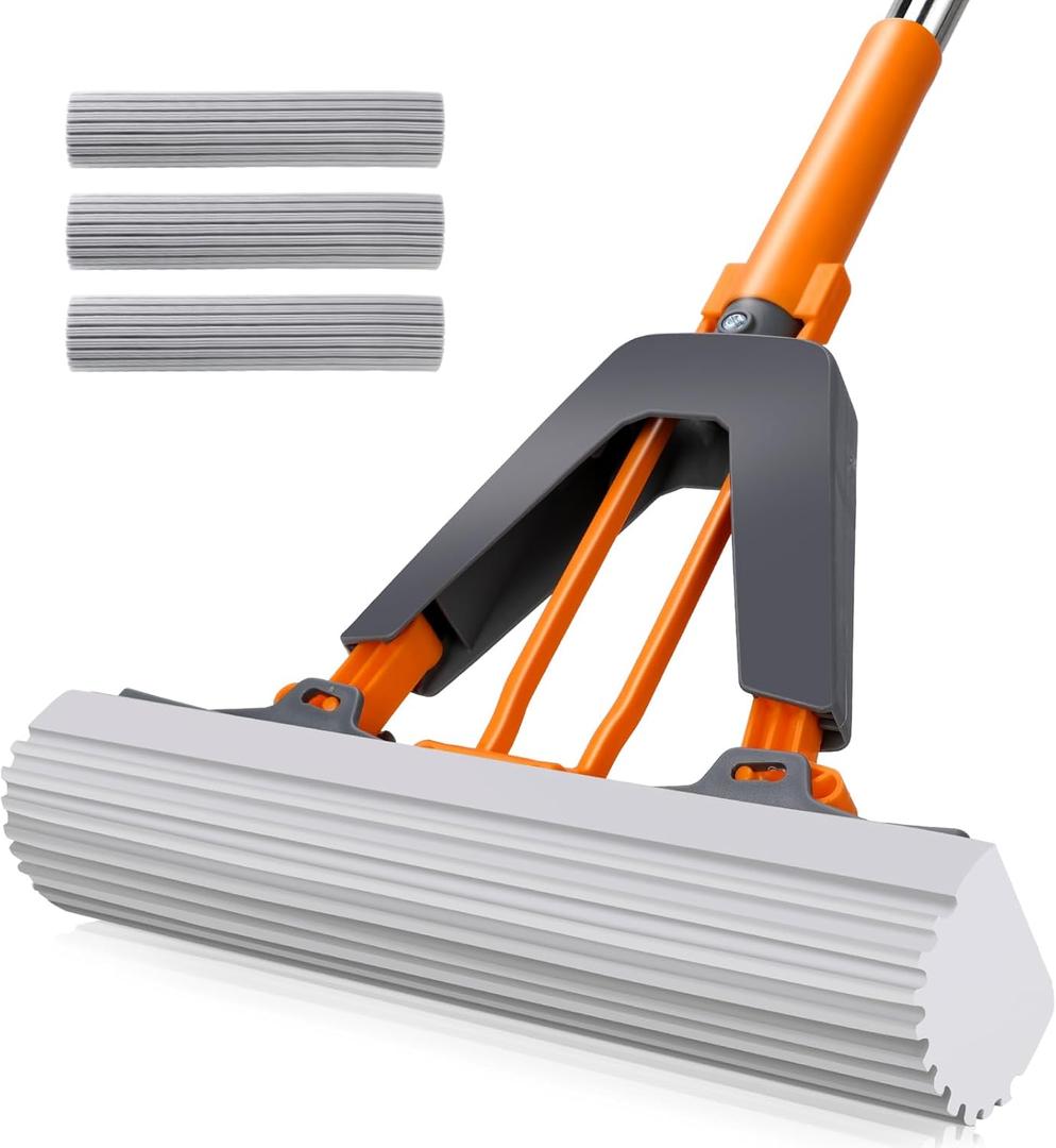 Sponge Mop,Masthome PVA Squeeze Mop with 3 Absorbent Mop Refills,Sponge Mops for Floor Cleaning,Easy Squeeze Roller Mops for Kitchen Bathroom Office (Orange)