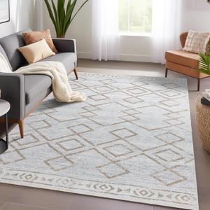 jinchan Moroccan 5x7 Area Rugs for Bedroom - Machine Washable Soft Modern Geometric Stain Resistant Non-Slip Ultra-Thin Low-Pile Faux Wool Carpet for Living Room Kitchen Dining Room (Taupe)