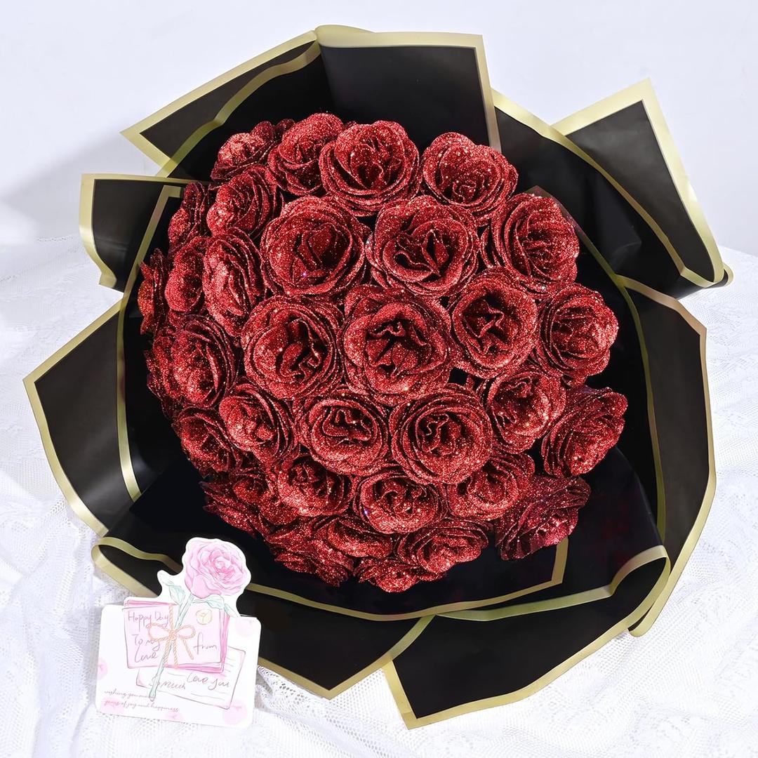 Waipfaru Glitter Roses Bouquet, DIY Fake Glitter Flowers Bouquet, Everlasting Shiny Artificial Red Rose Bouquet, Anniversary, Engagement, Wedding24 Roses (24pcs)