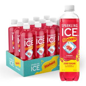 Sparkling Ice STARBURST Cherry, Zero Sugar Flavored Sparkling Water, with Vitamins and Antioxidants, Low Calorie Beverage, 17 fl oz Bottles (Pack of 12) (EXP 06/07/26)
