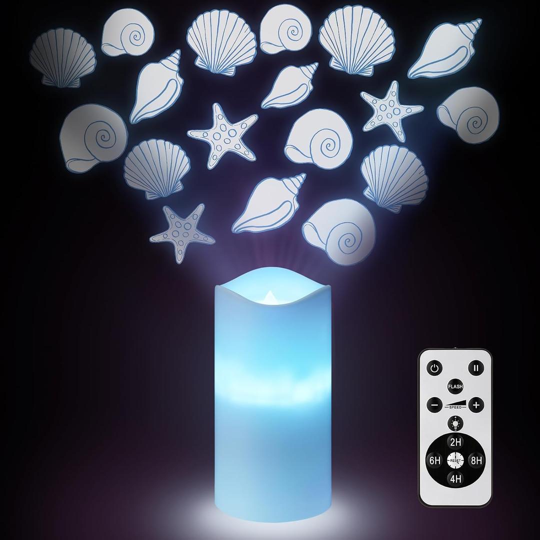 3 x Coastal Ocean Flameless Candle Projector Light Decor Summer Seashell LED Candle Battery Operated Night Light with Remote Timer for Wedding Seaside Beach Coastal Bachelorette Birthday Room Decoration