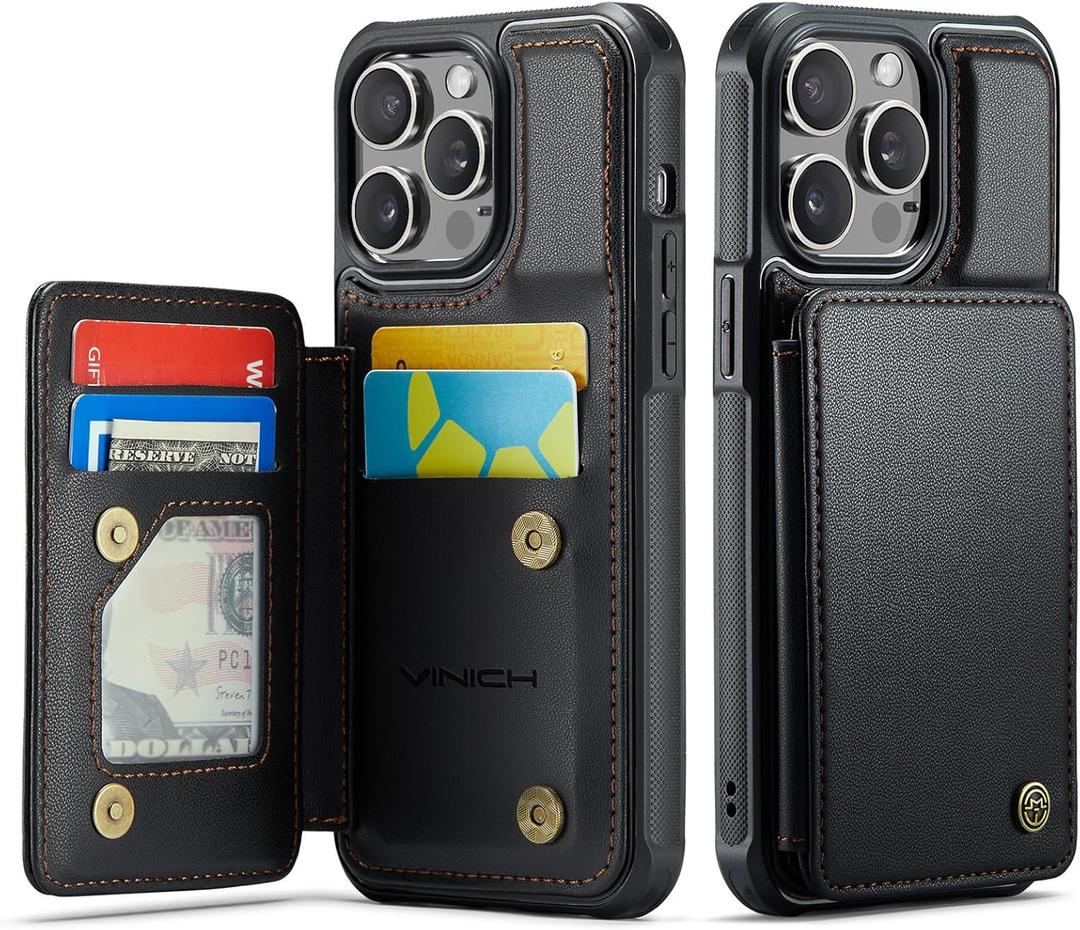 Vinich for iPhone 14 Pro Max Wallet Case with Card Holder, RFID Blocking Credit Slots Kickstand Shockproof Phone Cover for Women Men, Black
