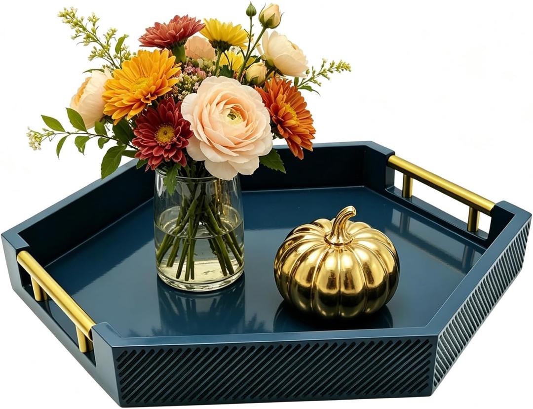Hexagon Decorative Serving Tray with Polished Gold-Tone Metal Handles, Black Glossy Finish, Large Ottoman and Coffee Table Tray, 17.7x15.4x2 Inch (Blue)
