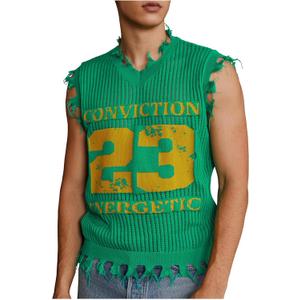 Men's Letter Graphic Sweater Vest Y2k Ripped V Neck Sleeveless Knit Tops (Green, S)