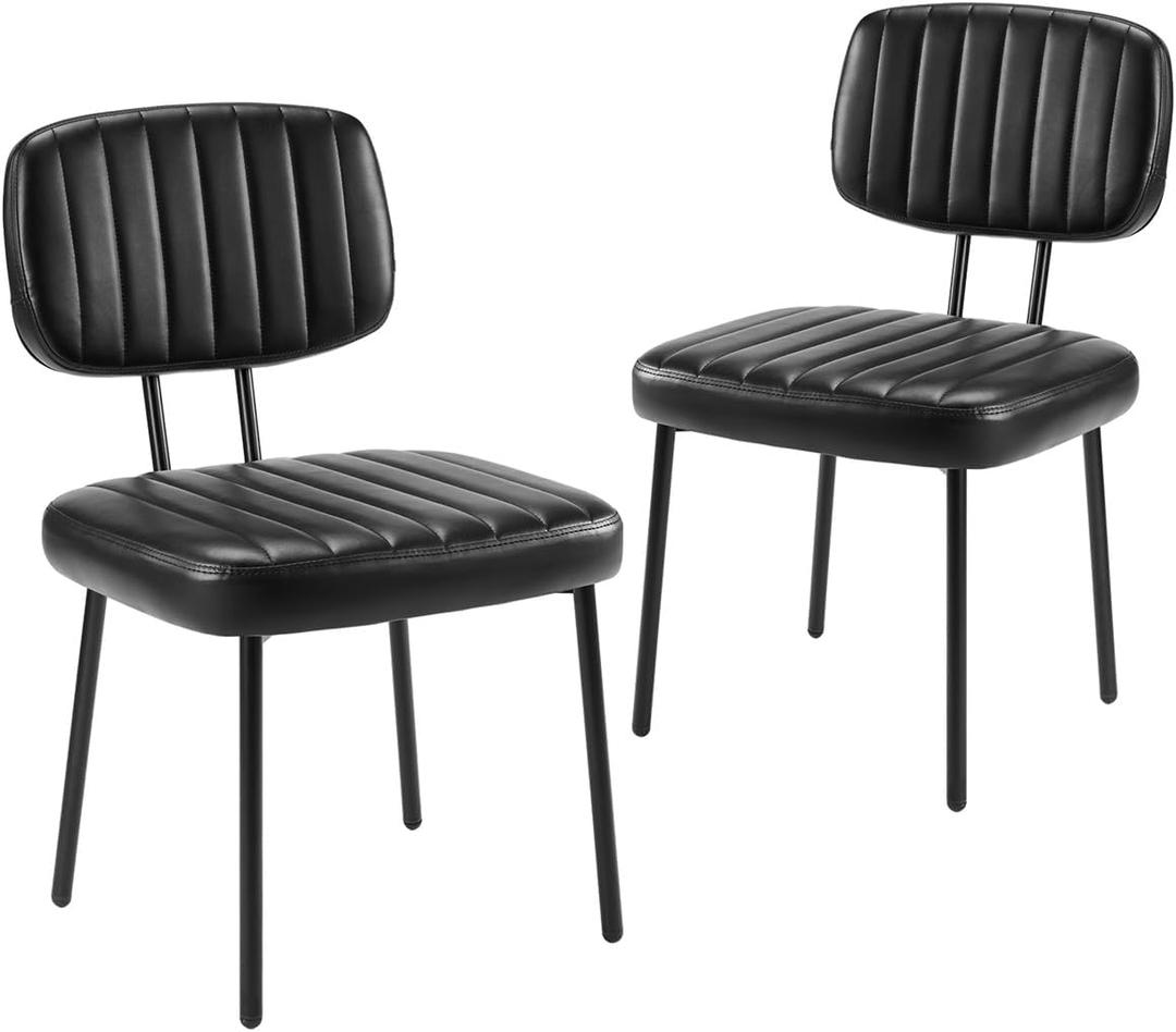 Dining Chairs Set of 2, Mid Century Modern Upholstered Kitchen Chair with PU Leather Cushion Seat & Metal Legs for Home/Living Room/Bedroom/Office-Black