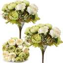 Silk Peony Flower Arrangement, 2 Bouquets Vintage Green & White Artificial Hydrangea Stems for Wedding, Home, Centerpiece, Table Decor