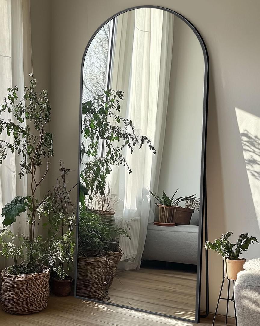Full Length Mirror with Stand, 58"x18" Arched Full Body Mirror, Large Stand Up Aluminum Frame Floor Freestanding Hanging Leaning Mounted for Bedroom Living Room Entryway Black