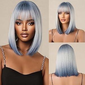 testar Ombre Blonde Blue Bob Wigs for Women Shoulder Long Straight Synthetic Hair Wig with Bangs Hair Replacement Female Wig Daily Cosplay