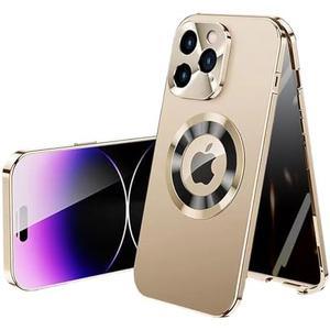 Metal Frame Anti-Spy Magnetic Phone Case for iPhone 12/13/14/15/16/17 Promax Double-Sided Glass Full Coverage Hard Case (Desert Gold,for iPhone15promax)