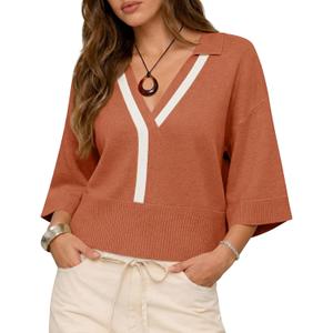 Saodimallsu Womens Short Sleeve Sweater Tops V Neck Collared Oversized Color Block Casual Summer Knit Polo Shirts (M)