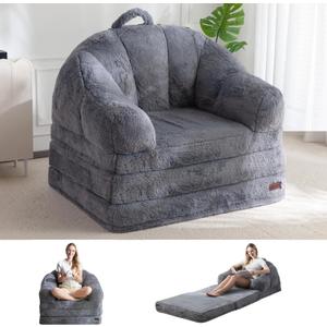 MAXYOYO Folding Sofa Bed, 2 in 1 Convertible Sofa to Lounger Comfy Single Bean Bag Chair for Adults, Floor Sleeper Couch with Handle, Faux Fur Couch Bed for Living Room Bedroom, Grey