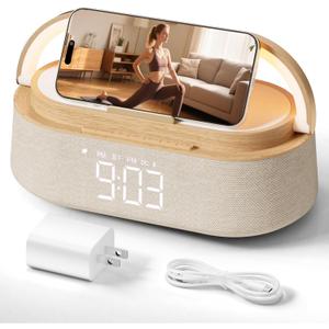 FREEFISH Bluetooth Speaker with Wireless Charge FM Radio 2500mAh Battery, LED Night Light Suitable for Home,Bedroom,Office,Gifts (Wood)