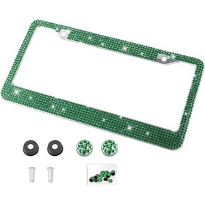 Bling Car License Plate Frame, Sparkly Rhinestone Diamond Stainless Steel License Plate Holder, Automotive Tag Holder Ornaments for Women Girls, Universal for Vehicles (Dark Green)