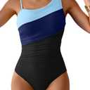Aidonger One Shoulder One Piece Swimsuit for Women Tummy Control Bathing Suits Color Block Ruched Swim Suit Slimming Swimwear, Medium