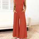 BTFBM Womens Casual Jumpsuits Dressy 2026 Spring One Piece Outfits Crew Neck Sleeveless Knit Wide Leg Pants Romper Beach(Brick Red, Small) (Orange, S)
