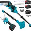 4-in-1 Pole Saw & Electric Pruning Shears, 6 Inch Mini Chainsaw for Tree Trimming, Cordless Pruning Shears with 9.5ft Max Extension Pole, 2 x 4.0Ah Battery Powered Pole Saw Pruner for Garden (Blue)
