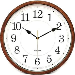 Classic Oak Rustic Farmhouse Wall Clock, Wood-Simulated Vintage Bronze, Complete Quite Non-Ticking Silent Sweep Quartz Movement, Antique Style, 12.6 inch. Diameter, Plastic Frame, ABS Glass Front