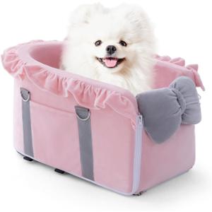 Jaoul Small Dog Car Seat - Detachable, Adjustable Straps, Comfortable Bow Design - Portable Pet Booster Seat for Puppy, Cat (Pink Gray)