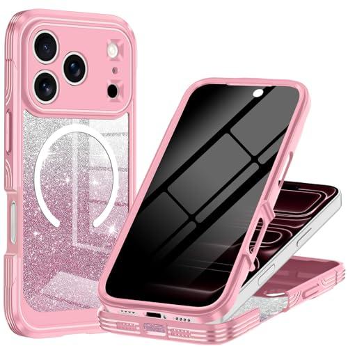 Casetego for iPhone 17 Pro Max Case Magnetic,Compatible with MagSafe,Built-in Privacy Screen Protector,Slim Glitter Sparkle Full Shockproof Protective Girls Case for Apple iPhone 17 Pro Max,All Pink