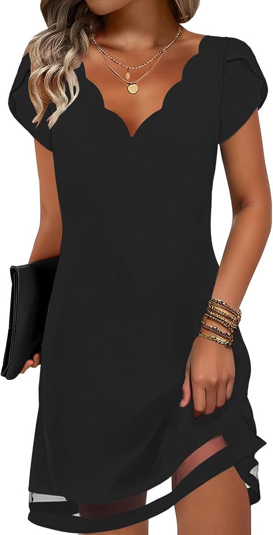 ETCYY NEW Womens Summer Dresses Mesh Hem Petal Short Sleeve Dress Floral Print Daily Sundresses with Pockets (Large, Solidblack)