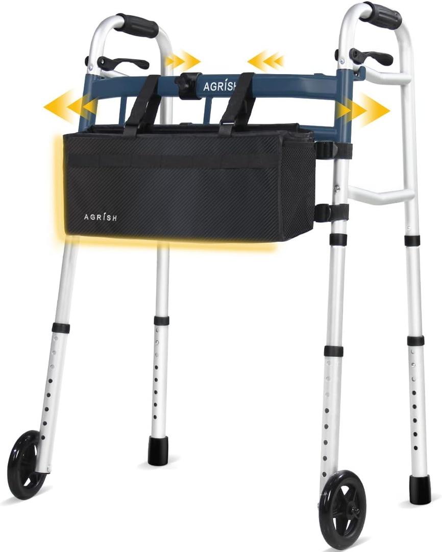 Agrish Narrow Walkers with Storage Bag - Width Height Adjustable Walker, Lightweight Folding Walkers, Walkers for Seniors Handicapped & Disabled, Up to 350 lbs, Black