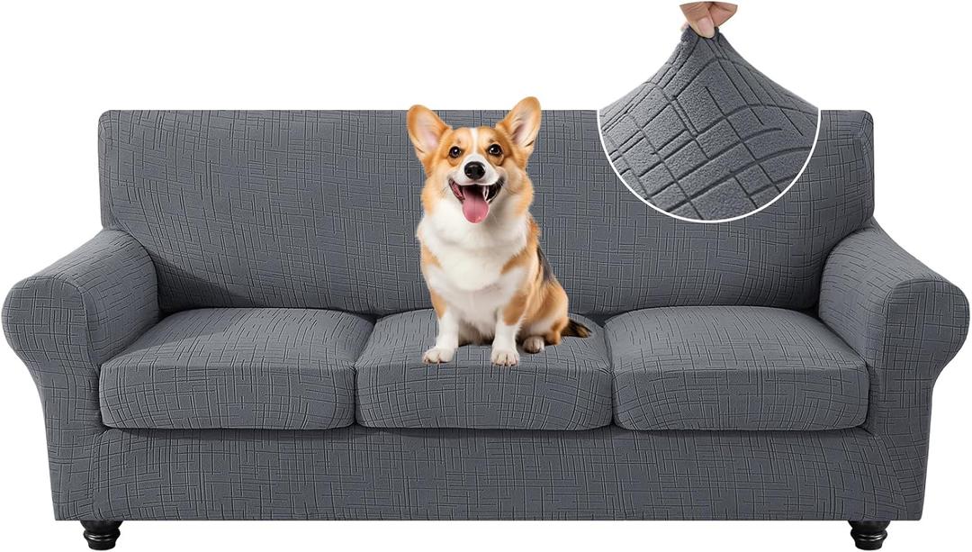 4 Piece Stretch Sofa Covers for 3 Cushion Couch, Non Slip Couch Covers for Sofa, Pet Couch Cover Washable, Couch Slipcover for Dogs, Kids (Light Gray), 91"-110" (3 Cushion XL Sofa)