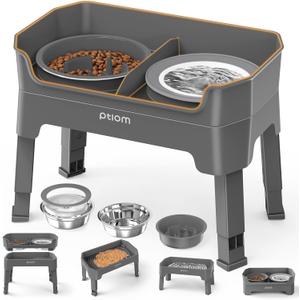 4-in-1 Elevated Slow Feeder Dog Bowls, 4 Height Adjustable Mess Proof Raised Dog Bowl Stand with No Spill Water Bowl, Stainless Steel Doggy Food Dish & Slow Feeder for Pets (Grey)